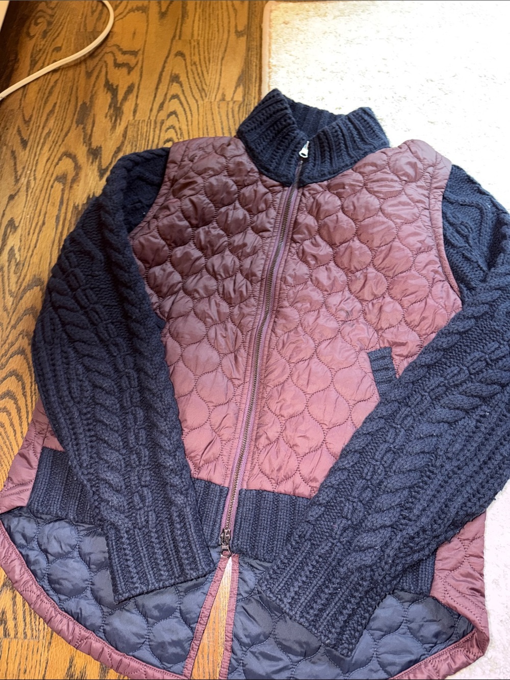 Veronica Beard Quilted Burgundy jacket with Black Knit Sleeves